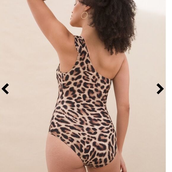 Michael Kors Women Tan Brown Leopard Print knotted one Shoulder Swimsuit sz 8 - Picture 16 of 16